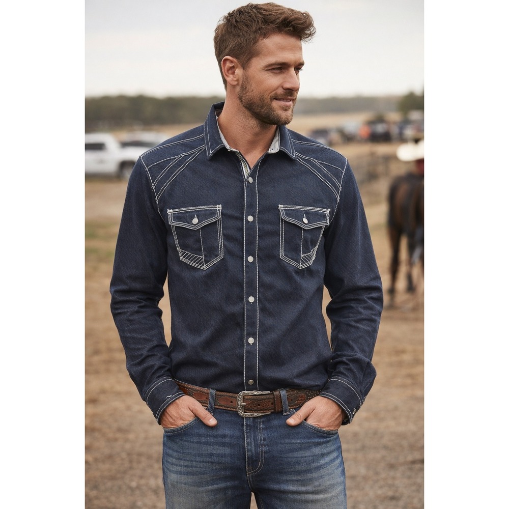 Buckle Black Mens Athletic Fit Western Denim Shirt Blue Contrast‎ Stitch L Rodeo